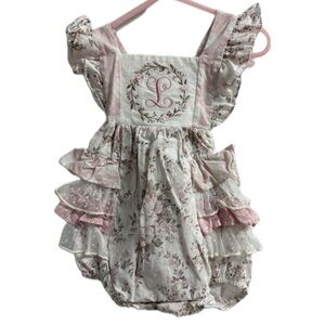 Ricrac & Ruffles Floral Ruffled Baby Romper - Size 12M - Monogrammed L